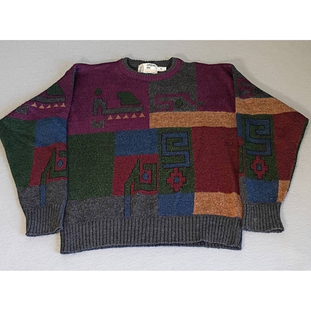 Vintage 90s London Fog Wool Blend Geometric Cosby Sweater Sz M Made In USA